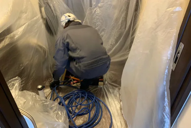 養生して害虫駆除の作業を行う自社スタッフ